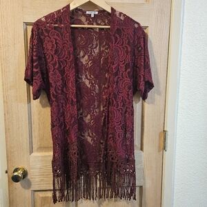 Xs Charlotte Russe Burgundy Lace Kimono with Fringe